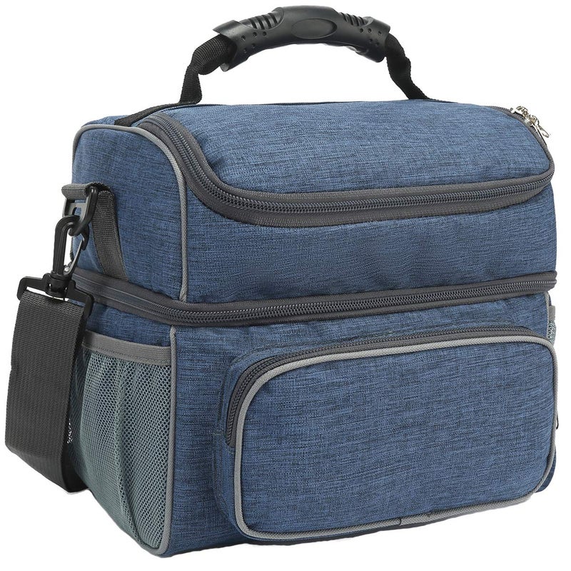 FlowFly Double Layer Cooler Insulated Lunch Bag Adult Lunch Box Large Tote Bag for Men, Women, With Adjustable Strap,Front Pocket and Dual Large Mesh Side Pockets,Navy - Image 1
